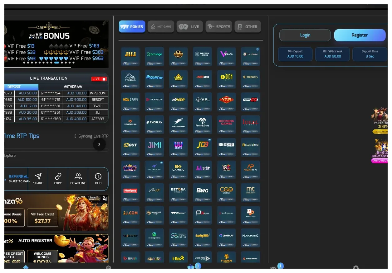 ThePokies33 home page main lobby, game provider grid with "POKIES" logo and navigation tabs, 20.10.2026