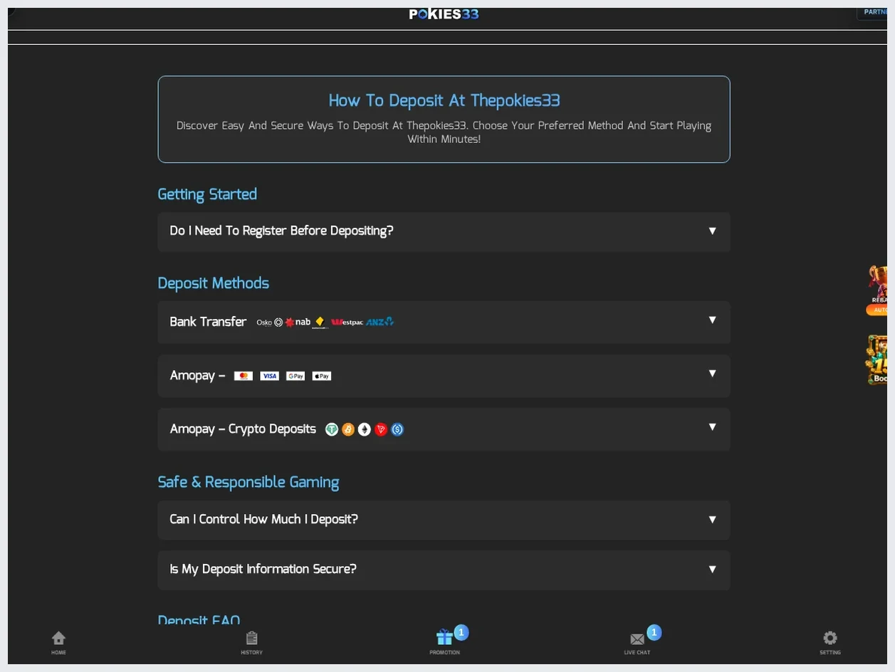 ThePokies33 deposit methods page, "Deposit Methods" section with payment provider logos, 20.10.2026