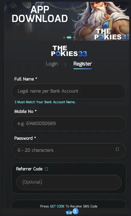 ThePokies33 Registration form, "Register" tab with input fields for account creation, 20.10.2026