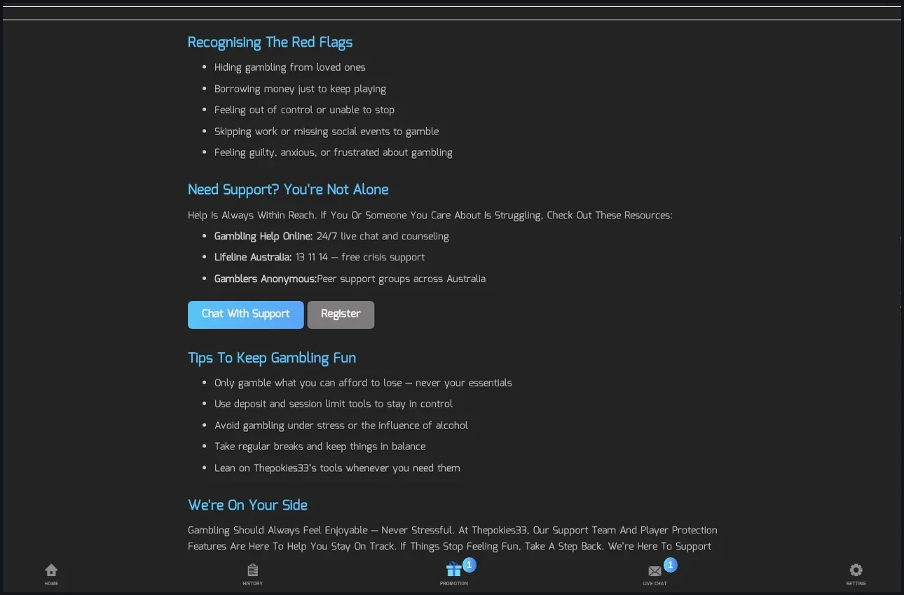 ThePokies33 Responsible gambling information page, "Recognising The Red Flags" section with support resources, 20.10.2026