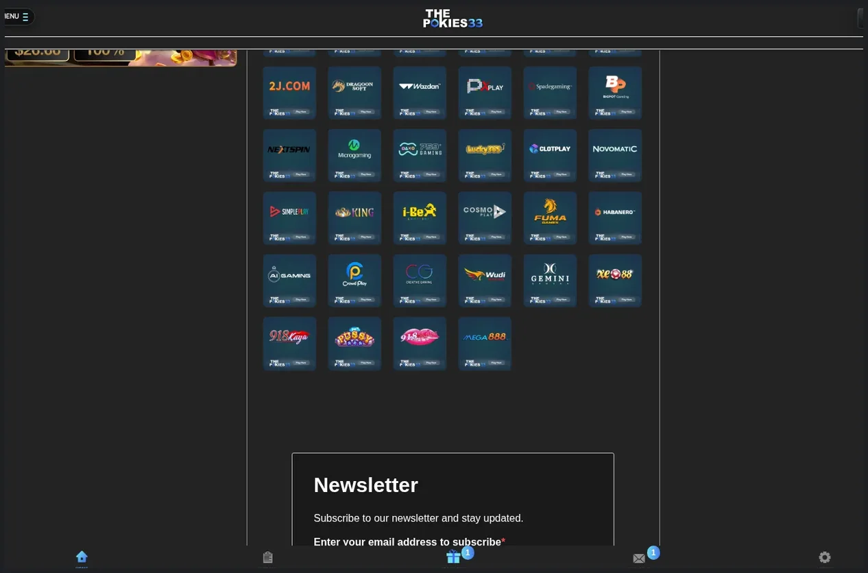 ThePokies33 casino games provider grid, grid of game provider logos and titles, 20.10.2026