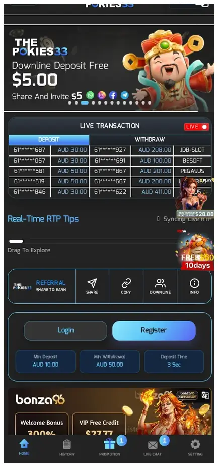 ThePokies33 Mobile home page and lobby, "Live Transaction" feed with deposit and withdrawal activity, 20.10.2026